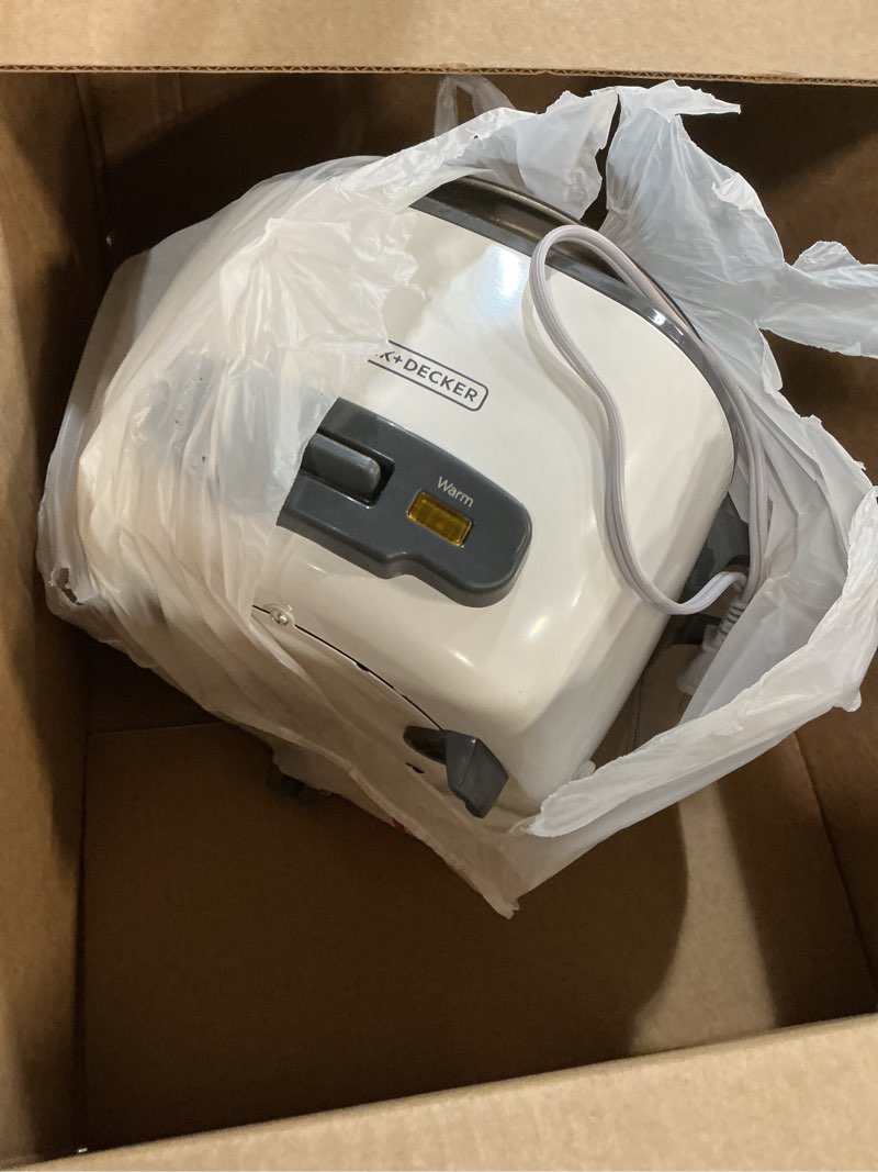 Condition photo showing As Is for black+decker 16-cup rice cooker, 8-cup uncooked rice, steaming basket, removable non-stick bowl, one touch, keep warm