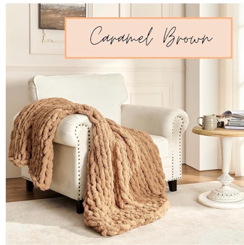 adyrescia chunky knit blanket throw | 100% hand knit with jumbo chenille yarn (50"x60", caramel brown)