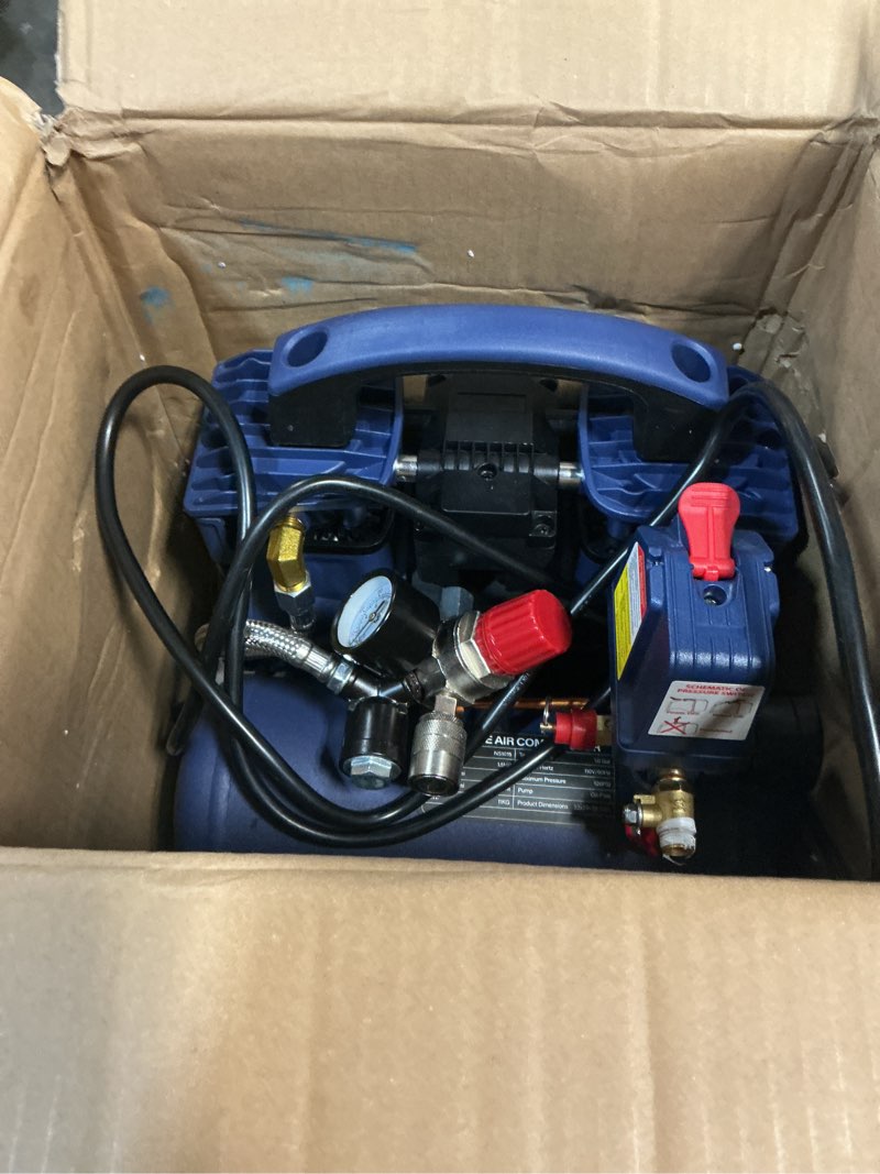 Condition photo showing Good Condition for air compressor, 1 gallon ultra quiet portable 60 db, 13-second quick fill, 1 gallon compact, oil-free for tire inflation/nail gun/pneumatic tools/cleaning in home or shop projects, 1.5hp, violet 1 gallon violet