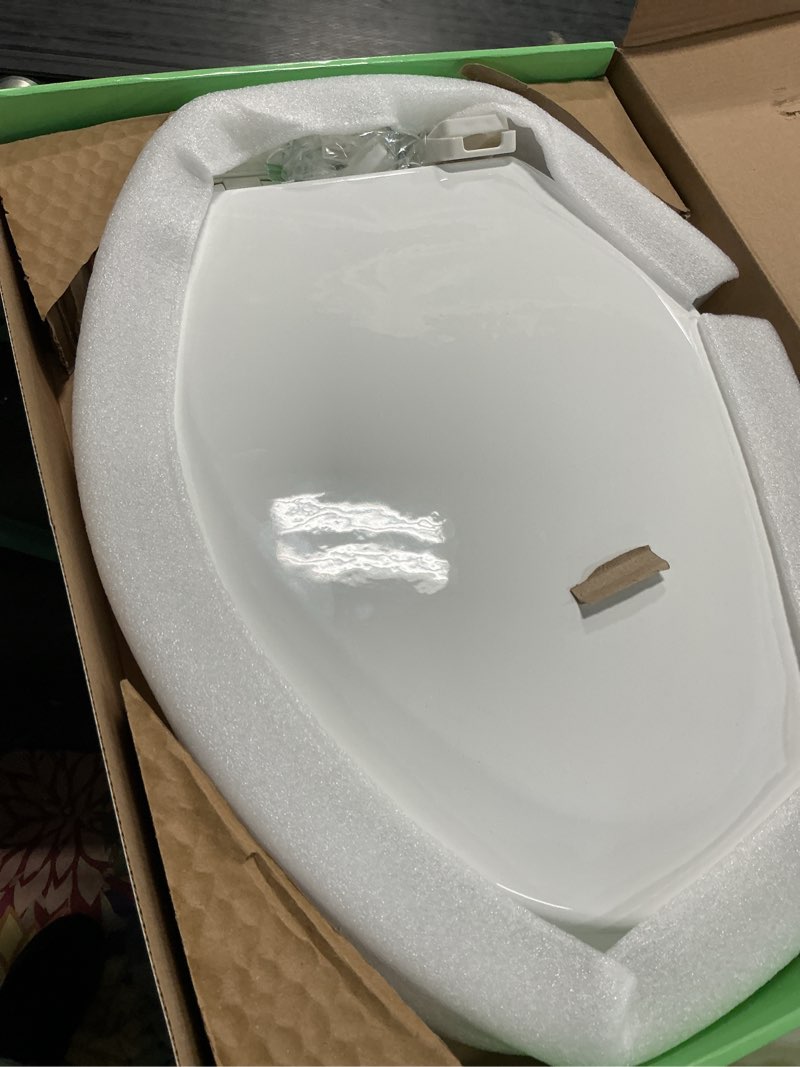 Condition photo showing As Is for wood toilet seat, slow close, high gloss finish, premium moulded wood, white, piklids (elongated)