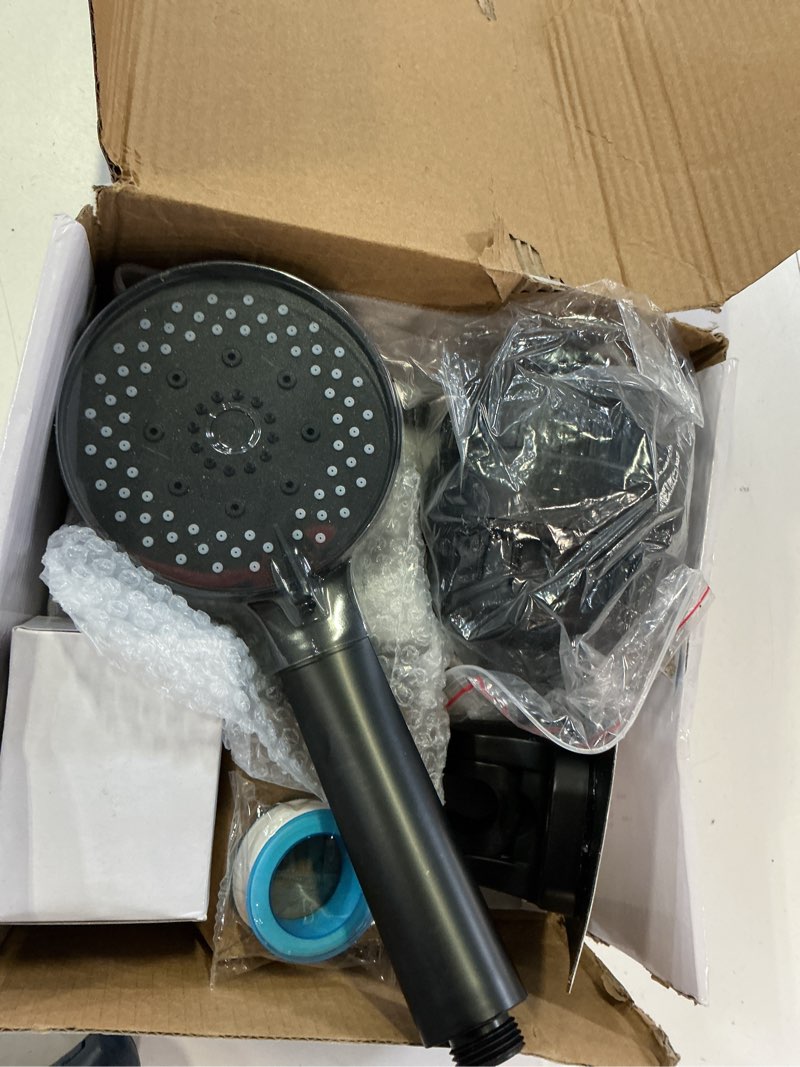Condition photo showing New/Like New for nearmoon filtered rain shower head, high pressure 8?square, and 5 settings handheld shower filter combo with self-adhesive holder/1.5m hose -1 replaceable filter cartridge (matte black)