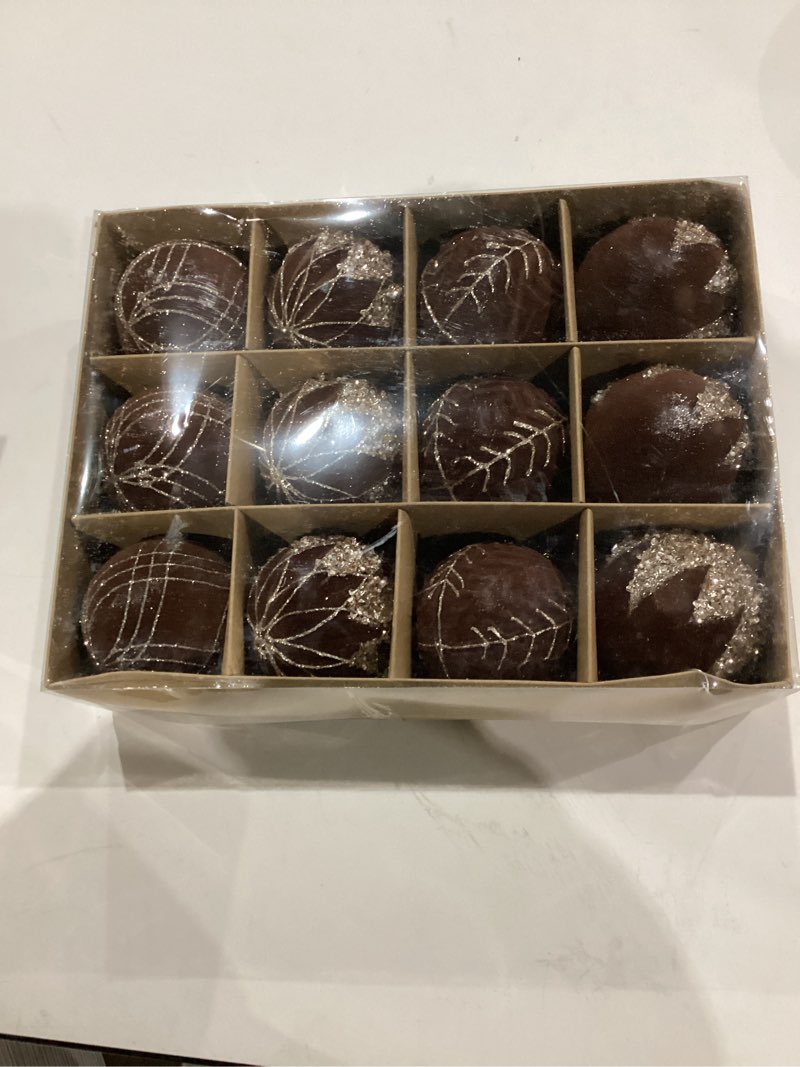 Condition photo showing New/Like New for 3.15INCH Brown Velvet Ornaments for Christmas Tree, 12PCS Glitter Flocked Christmas Ornaments Decorations Balls Set Decor A Brown 3.15inch-12pcs