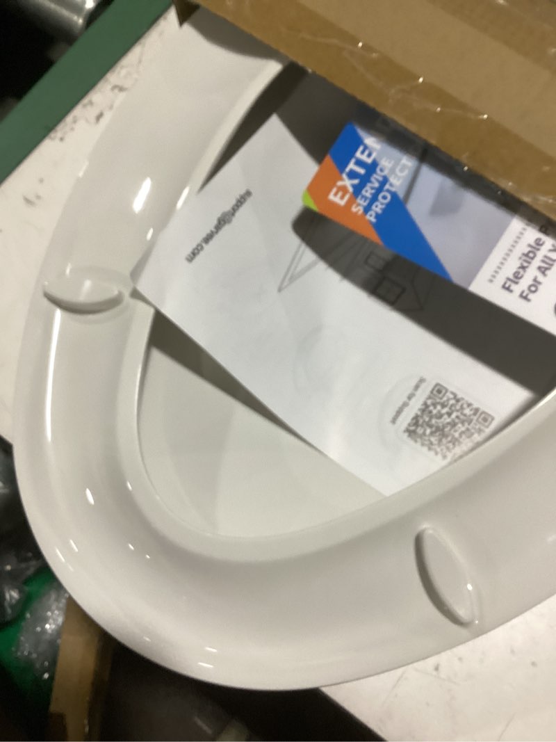 Condition photo showing New/Like New for durable elongated toilet seat with slow soft close - easy to install and clean, never loosens - white, fits most elongated toilets white elongated without toddler seat