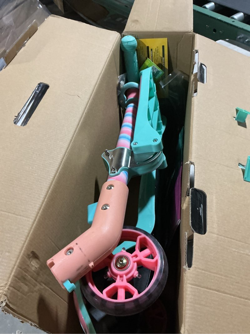 Condition photo showing Good Condition for kick scooters for kids ages 3-5 (suitable for 2-12 year old) adjustable height foldable scooter removable seat, 3 led light wheels, rear brake, wide standing board, outdoor activities for boys/girls