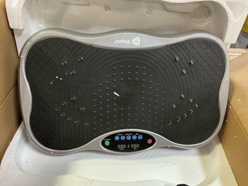 Condition photo showing As Is for Lifepro TrimLite Vibration Plate Exercise Machine with Handlebars – Whole Body Vibration Platform for Lymphatic Drainage & Weight Loss – 99 Speed Levels, Bluetooth Speaker, Resistance Bands & Remote Gray