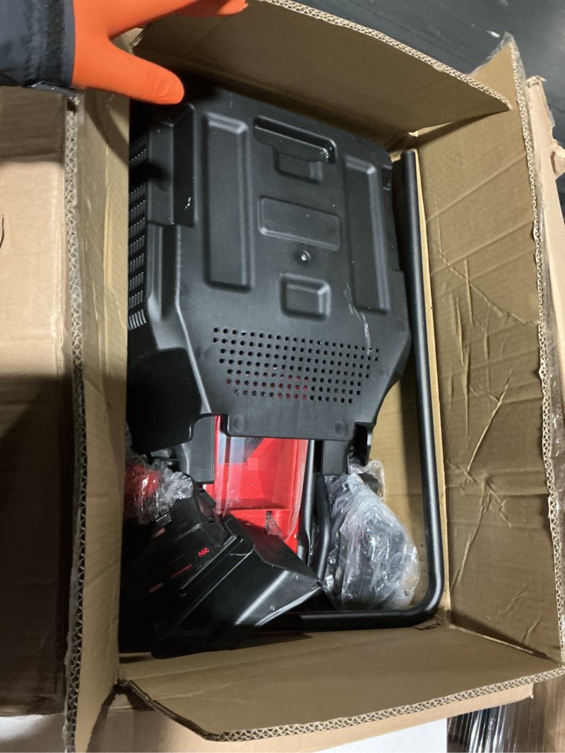 Condition photo showing As Is for mzk 20v 13" electric lawn mower, brushless cordless lawn mower with 4-position height adjustment, walk-behind push mowers with 8 gallon grass bag, 2 x 4.0ah batteries & charger included, lm13b8 red