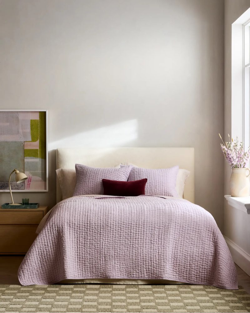 quince european linen cotton stitch quilt size full/queen color: orchid