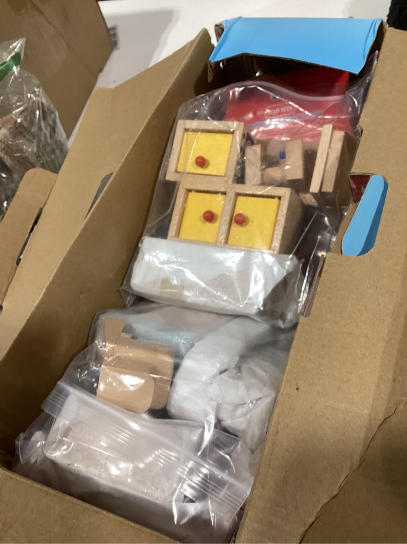 Condition photo showing Good Condition for similiar productwooden dollhouse furniture set, dollhouse accessories and furniture, with 7 rooms 3 dolls, includes patio set & dog set, doll house furniture toys gift for kids boys girls