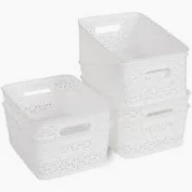 curver set of 8 small 4.5l jute decorative plastic organization and storage baskets 1 - perfect bins for home office, closet shelves, kitchen pantry and all bedroom essentials, white