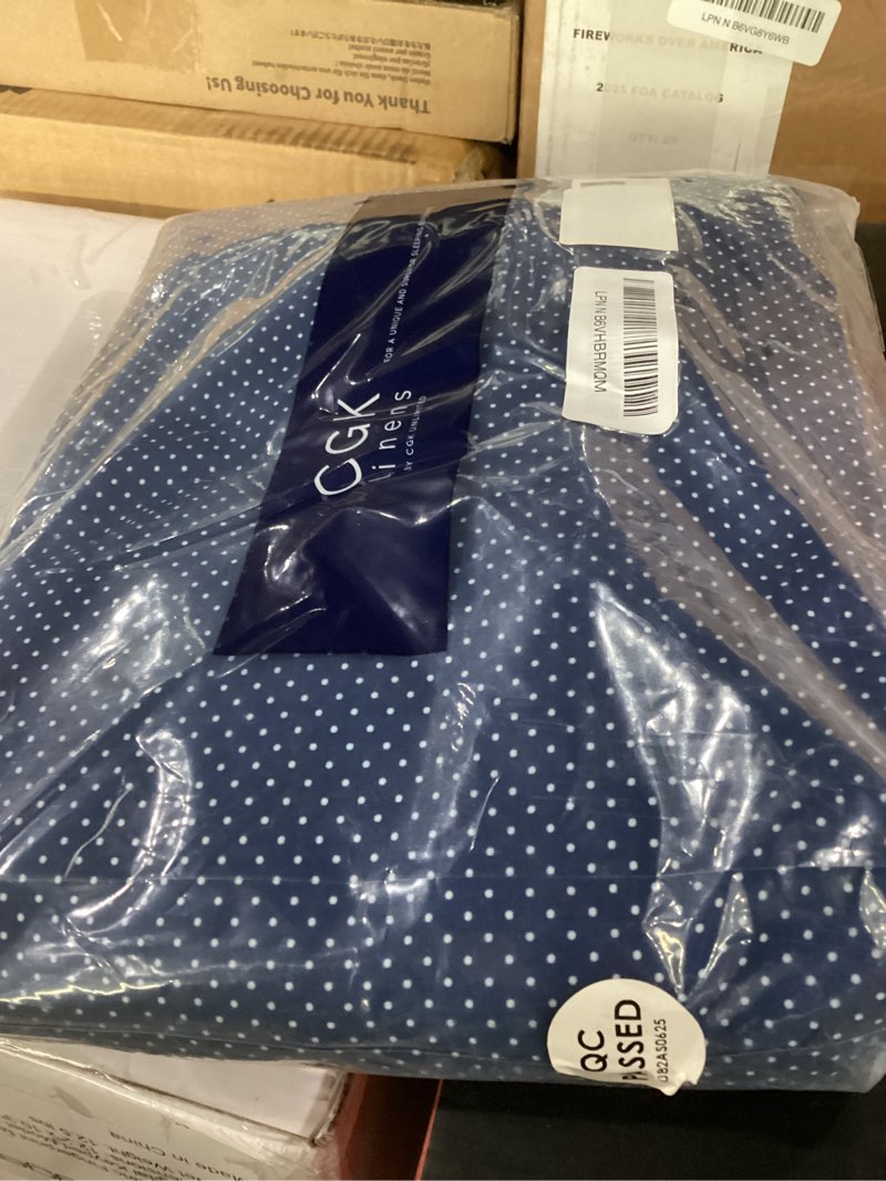 Condition photo showing Good Condition for navy blue polka dots bed sheet set – 1 flat & 1 fitted sheet & 2 pillowcases w/ deep pockets – polka dot bedding - ultra-soft, wrinkle & fade resistant - comfy, breathable and cooling - full size set 36 - navy microdots full