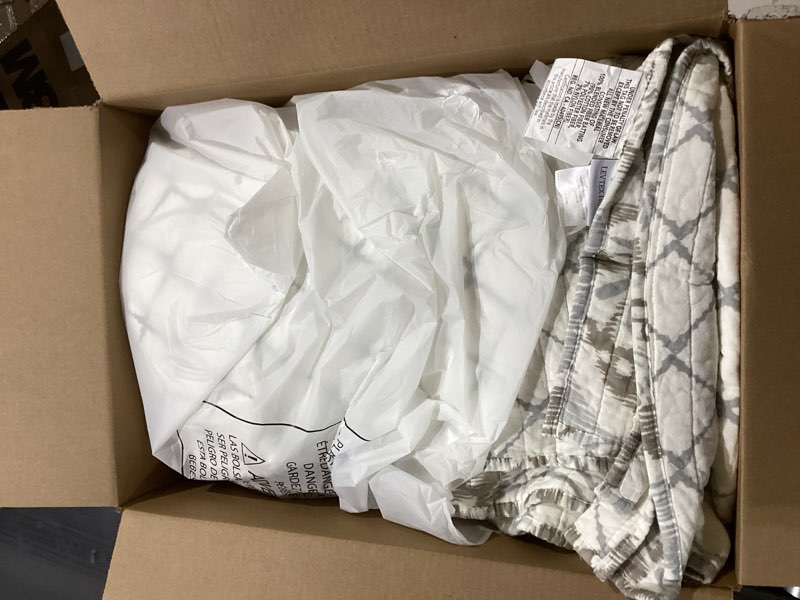 Condition photo showing As Is for Levtex Home - Becker Taupe Quilt Set - King Quilt and Two King Shams - Ikat - Taupe, Grey and Cream - Quilt (106x92in.) and Shams (20x36in.) - Reversible - Cotton Quilt - King/Cal King Taupe