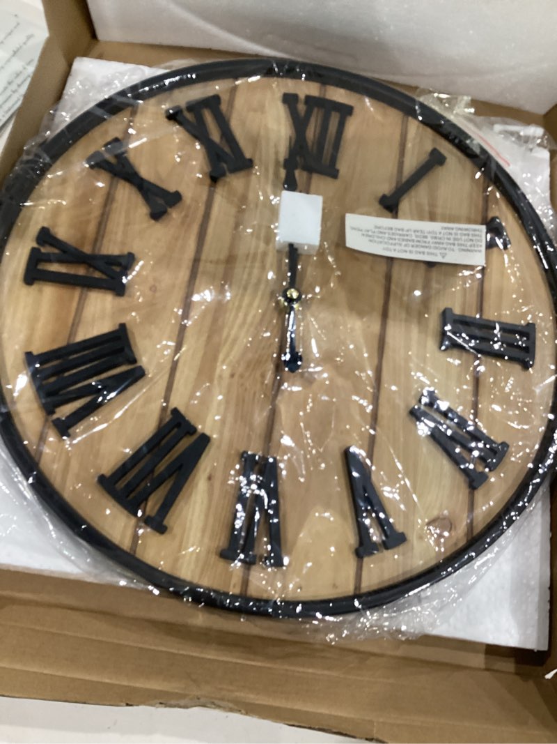 Condition photo showing Good Condition for large wall clock 16in, silent metal wood style wall clocks battery operated for living room decor, farmhouse big wall clock, outdoor wood-roman 16in