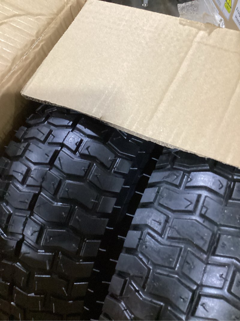 Condition photo showing As Is for ar-pro (2-pack) 13x5.00-6 tire and wheel assembly, 4-ply tubeless lawn mower front tire with 3" centered hub & 3/4" bushings, 400 lbs load capacity 13 x 5.00-6" tubeless (centered hub) yellow