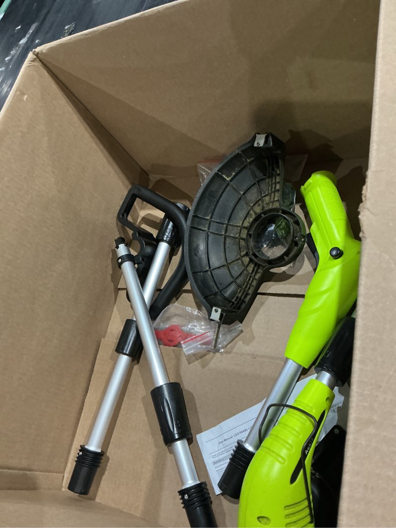 Condition photo showing As Is for gardenjoy weed wacker battery operated: 12v cordless grass trimmer with 2.0ah battery, fast charger and 3 types cutting blade, portable electric lawn trimmer for garden yard weeding work