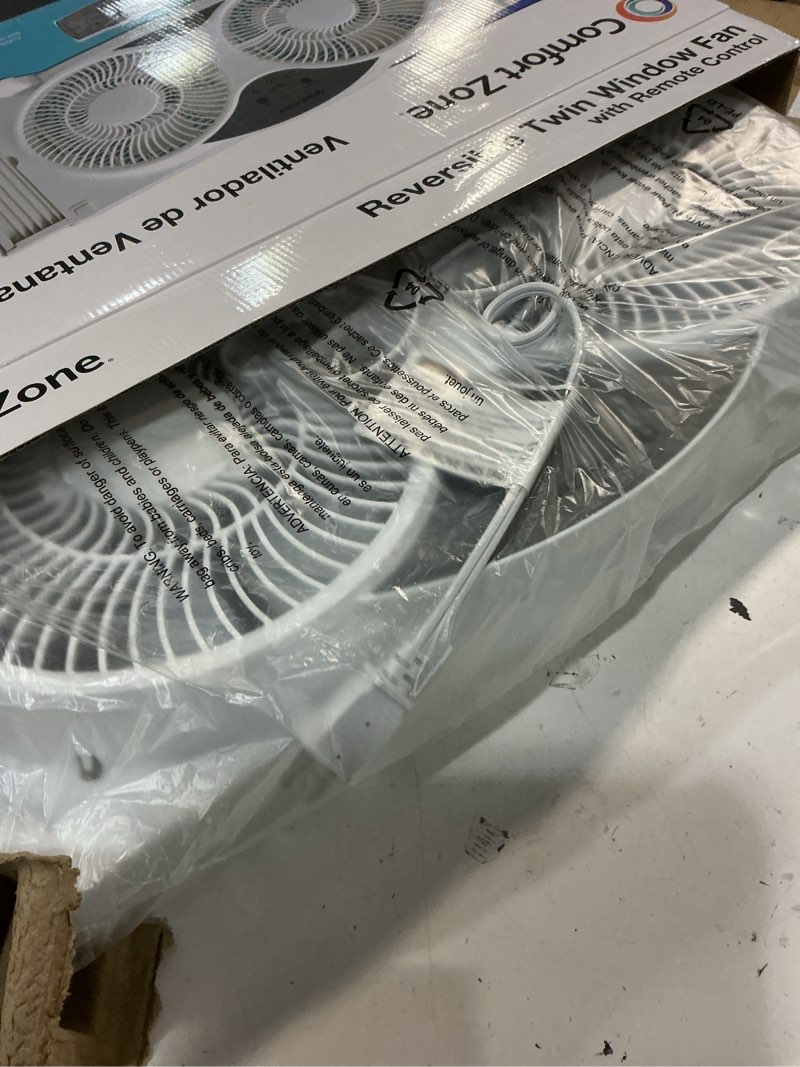 Condition photo showing Good Condition for comfort zone window fan for bedroom, 9 inch 3 speed dual fans with auto-locking expanders, 3 modes (cool, circulate, exhaust), remote control, fabric cover plus bug screen, white white 9" twin window fan w/ remote