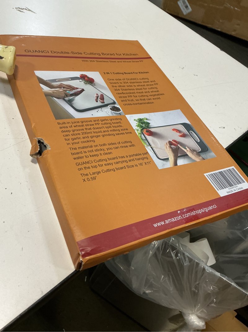 Condition photo showing New/Like New for guanci cutting board for kitchen, stainless steel cutting board double sided for chopping meat/vegetables, stainless steel/wheat straw pp, kitchen gifts easy to clean large 16”×11” 16"lx11"w-gray
