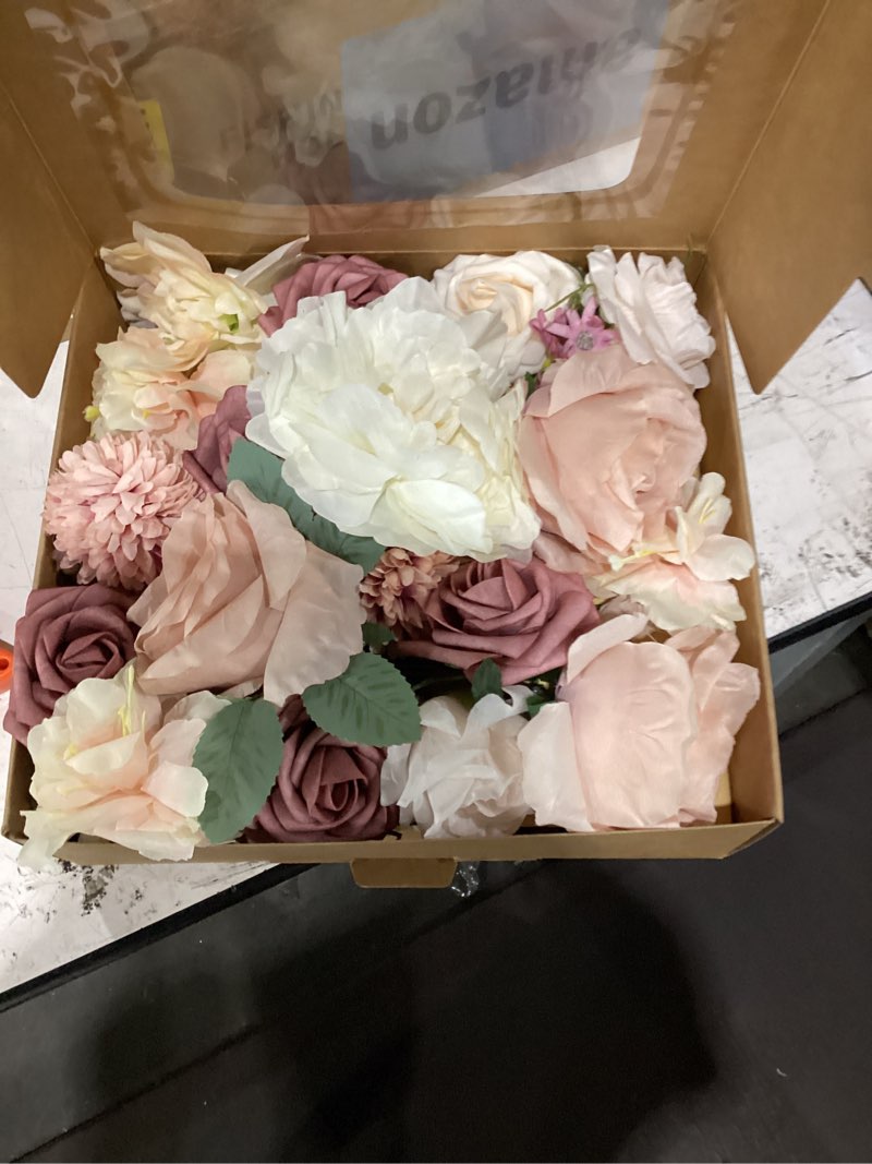Condition photo showing New/Like New for floroom dusty rose mauve artificial flowers fake roses peony and greenery combo box set for diy wedding bouquets bridal shower centerpieces floral arrangements party tables home decorations vintage dusty rose