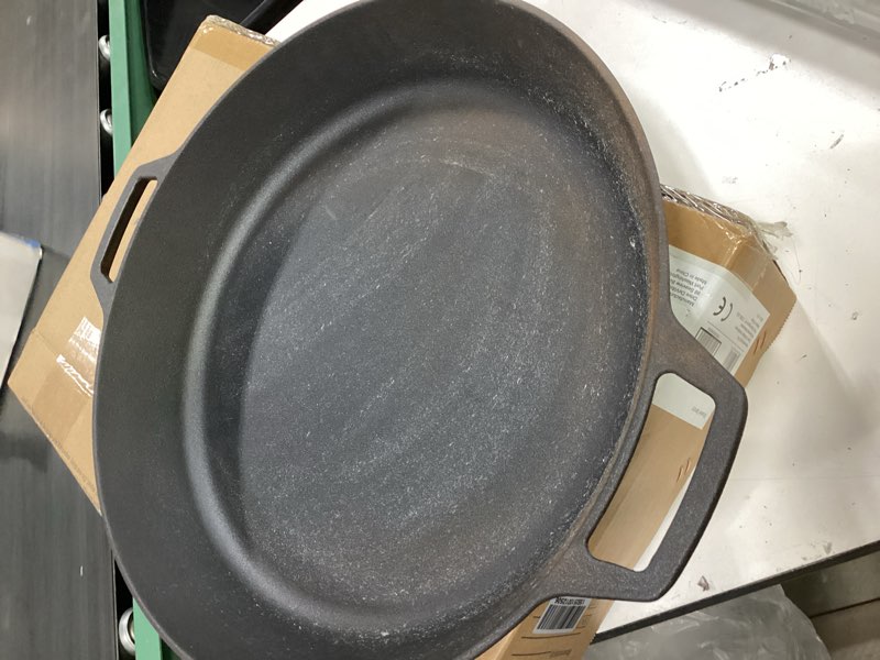Condition photo showing As Is for pre-seasoned large cast iron skillet 17 inch, dual handle outdoor camping frying pan, pizza pan, use for grill, stovetop, induction, oven safe cookware
