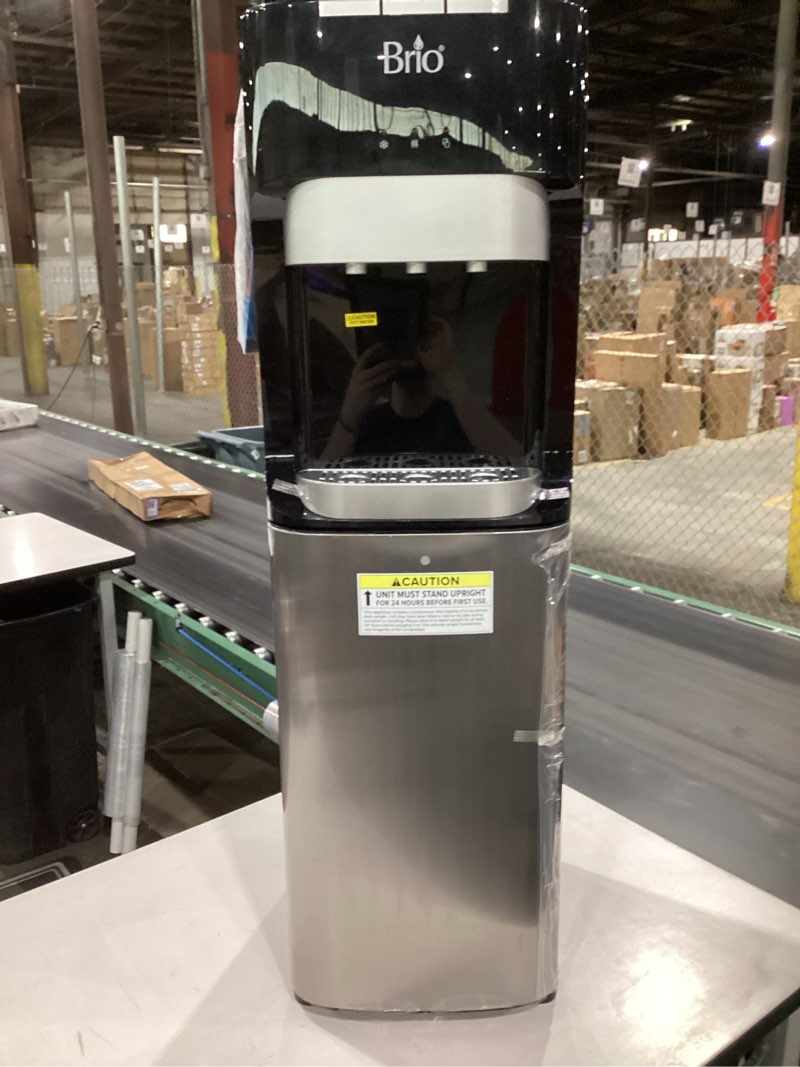 Condition photo showing Good Condition for **untested** brio bottom loading water cooler dispenser for 5 gallon bottles - 3 temperatures with hot, room & cold spouts, child safety lock, led display with empty bottle alert, stainless steel