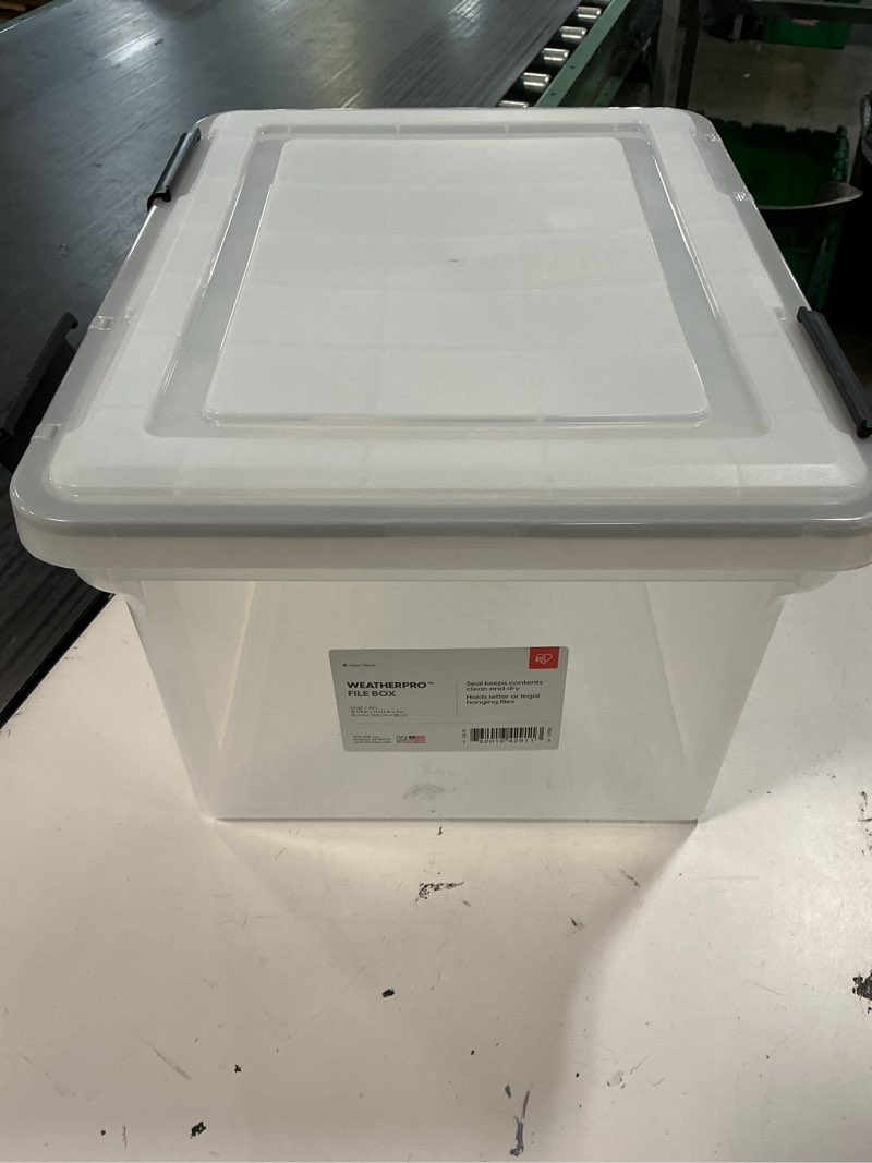 Condition photo showing As Is for iris usa file box weatherpro file organizer plastic file box for letter/legal file, water resistant document box, durable lid, seal w/secure latching buckles, stackable, nestable, clear 32 qt. 1 pack