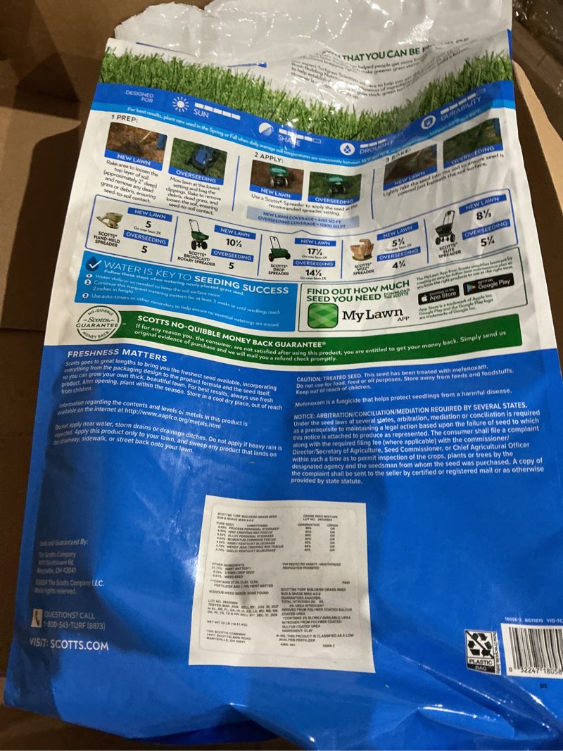Condition photo showing Good Condition for scotts turf builder grass seed sun and shade mix - grass seed plus lawn fertilizer and soil improver, covers up to 12,800 sq. ft., 32 lb.