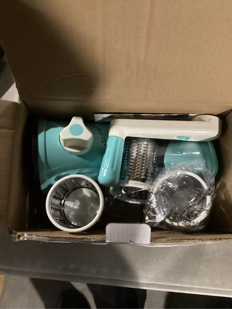 Condition photo showing New/Like New for Nexsujo Rotary Cheese Grater Hand Crank, 3 Blades Slicer Shredder, Cheese Grater for Kitchen, Multi-Functional Kitchen Tool for Vegetables, Nuts, Chocolate, with Strong Suction Base, Blue