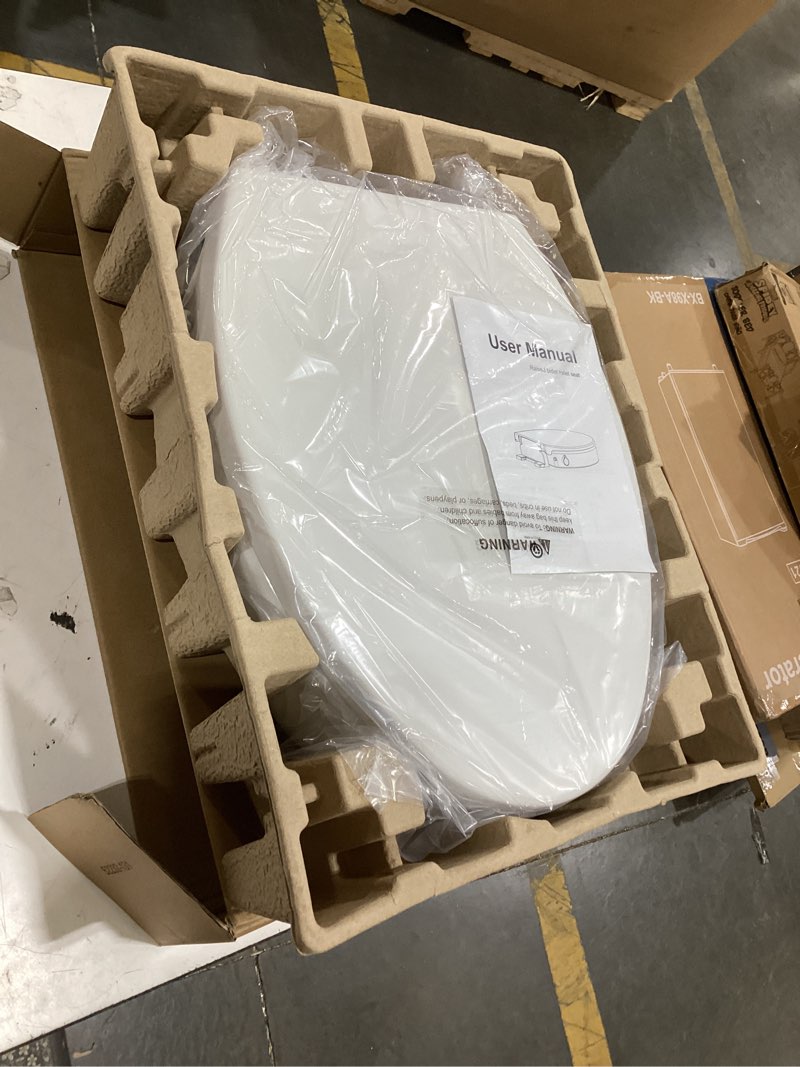 Condition photo showing New/Like New for raised elongated bidet toilet seat 18.5", soft close lid, dual self-cleaning nozzles, quick release, heavy-duty pp, stable & no loosening, ideal for seniors & limited mobility, white raised seat with bidet & premium