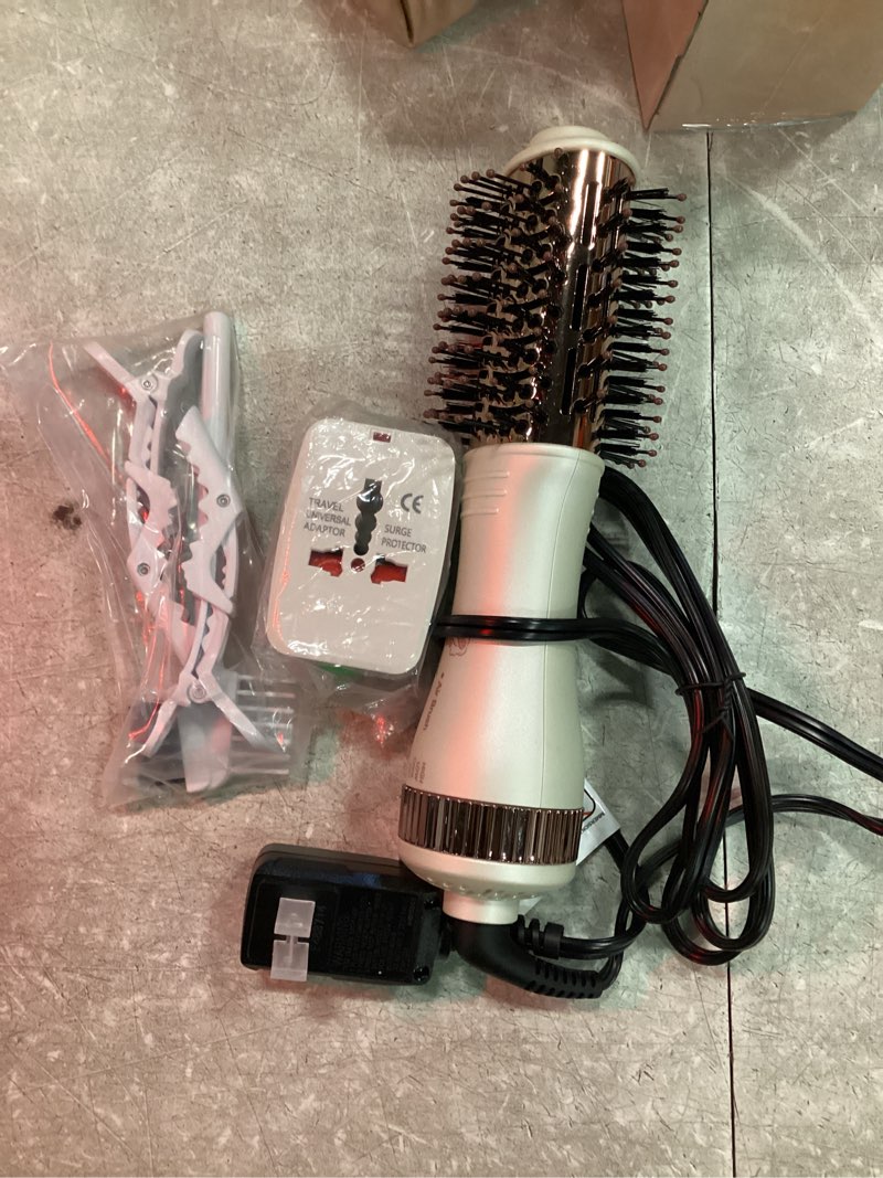Condition photo showing As Is for travel blow dryer brush in one, dual voltage 120v-240v mini hot air brush, hair trends nano titanium 2 inch one step hair dryer and styler volumizer oval shape 50 mm white & rose gold