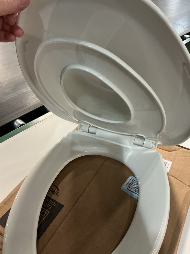 Condition photo showing As Is for Elongated Toilet Seat with Built in Potty Training Seat, Potty Training Toilet Seat for Toddlers, Magnetic Kids Seat and Cover, Slow Close and Never Loosen, Fits both Adult and Child, White, 19" White 19" with Toddler Seat