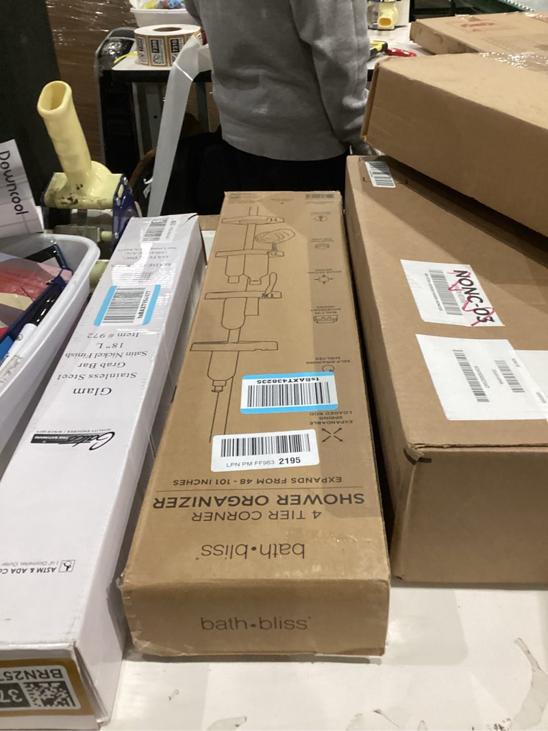 Condition photo showing New/Like New for Bath Bliss 4 Tier Tensions Corner Shower Caddy Shelves Adjustable 48“-101” Bathroom Organizer Bathtub and Shower Stall Holds Large Bottles Soap Shampoo Washcloths Matte Black Black 5.91 inches x 5.91 inches x 48-101 inches