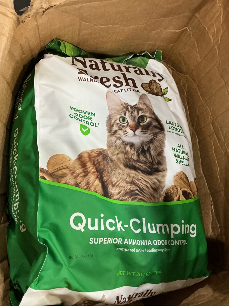 Condition photo showing New/Like New for naturally fresh cat litter made from walnut shells, quick-clumping, unscented, upcycled, easy scooping, sustainable, 30 lbs