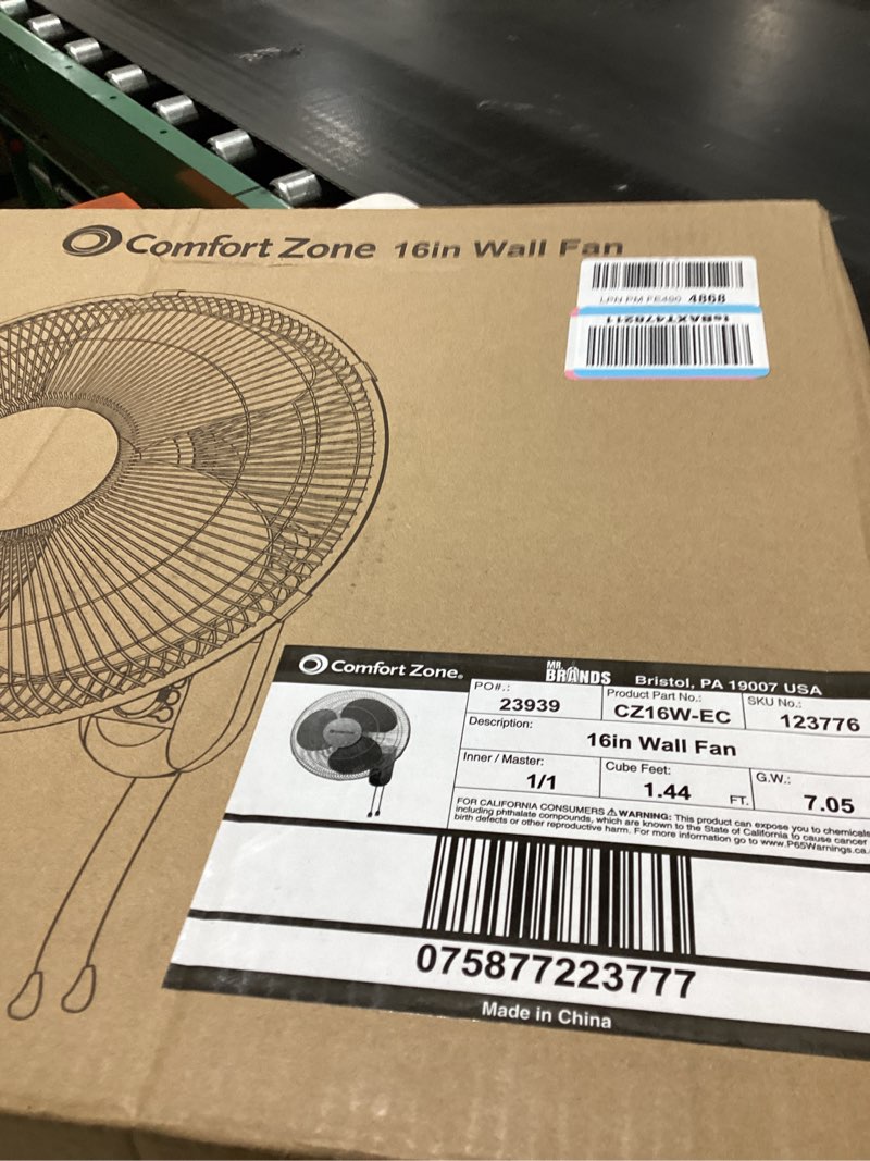 Condition photo showing New/Like New for Comfort Zone Oscillating Wall Mount Fan with Adjustable Tilt, 16 inch, 3 Speed, Metal Grille, 90 Degree Oscillation, Airflow 14.07 ft/sec, Ideal for Home, Bedroom, Gym & Office, CZ16W 16" Standard