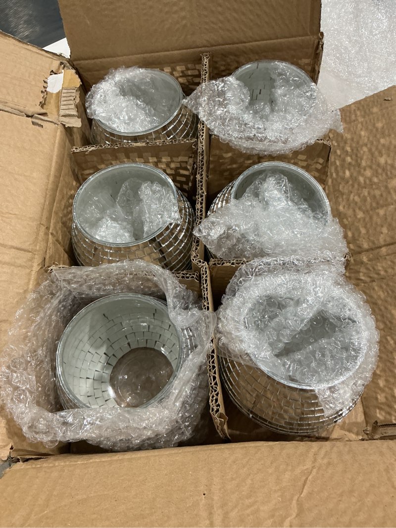 Condition photo showing Good Condition for 6 pcs disco ball vase, candle holder 3.9x3.74 inch multifunctional pencil cup disco flower vase centerpieces for wedding centerpieces,birthday,office,bedroom classroom decor 6pcs-3.74x3.9 inch