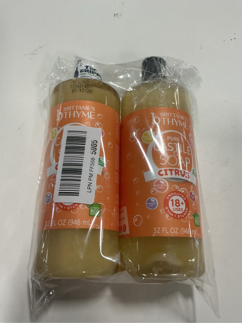 Condition photo showing New/Like New for Brittanie’s Pure Castile Liquid Soap Refill, 32 Ounce Pack of 2 | Dish Soap, Hair & Body, Home, Gentle and Pure, Made with Natural Luxurious Oils, Vegan & Gluten Free Non-GMO (Citrus)