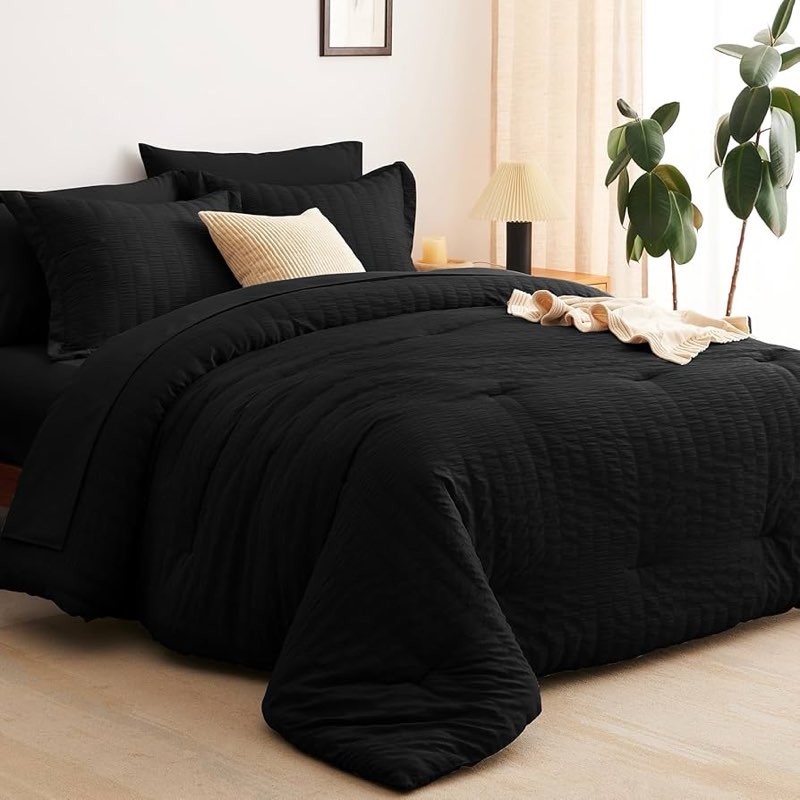 cozylux full/queen seersucker comforter set with sheets black bed