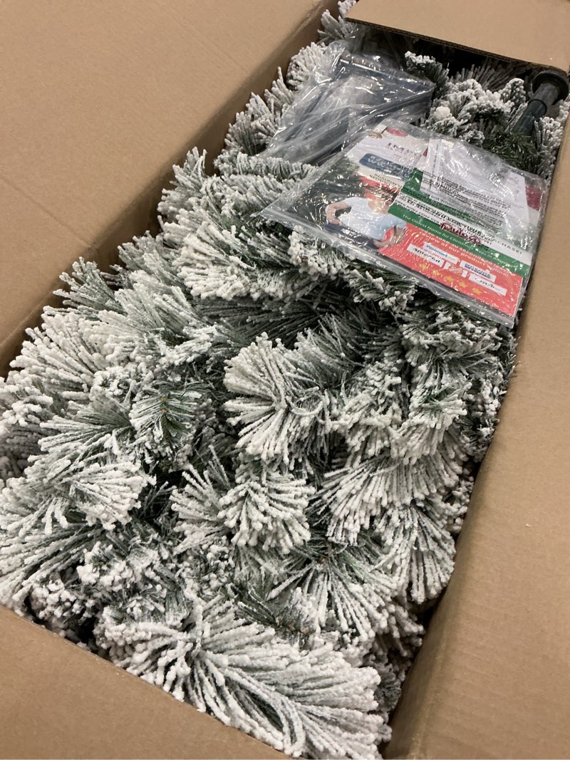 Condition photo showing Good Condition for Puleo International 7.5ft Pre-Lit Flocked Portland Pine Pencil Christmas Tree with 350 Clear Lights,