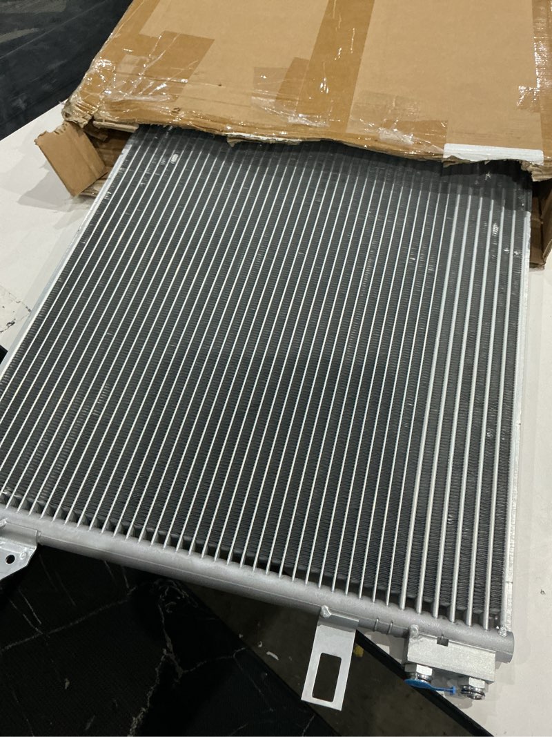 Condition photo showing As Is for air conditioning a/c condenser compatible with chrysler/dodge # 3320 | compatible with town & country 2005-2007 / caravan grand caravan 2005-2007 #4677509ab, 68059739ab, ch3030209 oe:3320, 4677509ab, 68059739ab