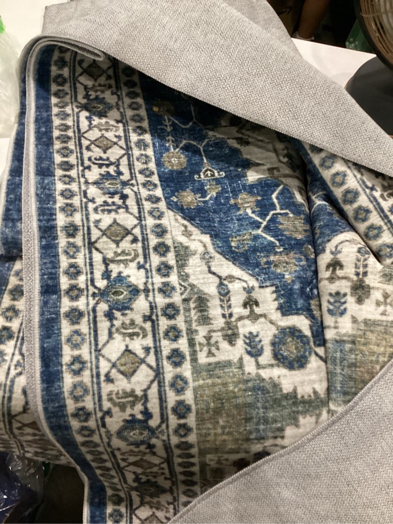 Condition photo showing As Is for oppodream vintage blue area rugs 8x10, 8 x 10 retro washable rug non slip, low-pile faux wool carpet, distressed navy floor mat for living room, bedroom, office, dorm, dinning room, big & large blue rectangular 8' x 10' (rectangular)
