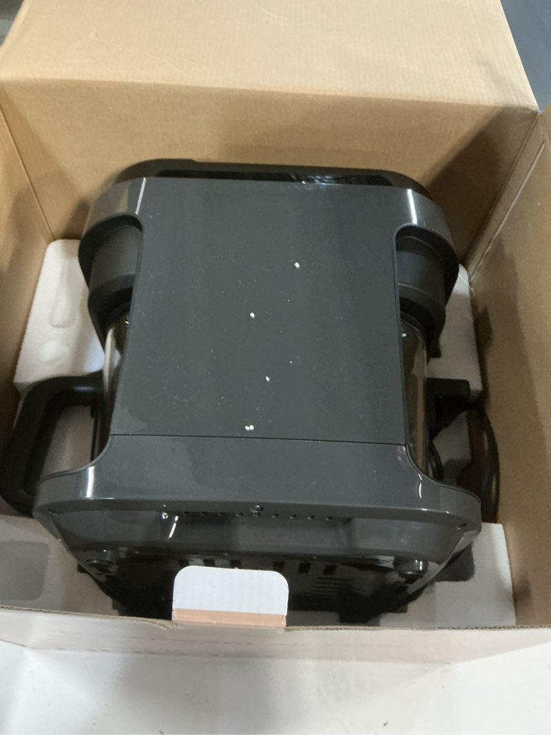 Condition photo showing As Is for nutrichef 5.8 quart air fryer | 8-1 preset cook modes | transparent fry bowl for best cooking results | cook shrimp, steak, fries, wings, chicken & more | precise temperature control & time | grey