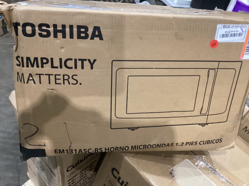 Condition photo showing As Is for TOSHIBA EM131A5C-SS Countertop Microwave Ovens 1.2 Cu Ft with 12.4" Removable Turntable Smart Humidity Sensor, 12 Auto Menus Mute Function ECO Mode Easy Clean Interior, 1000W, Silver 1.20 Cu.ft