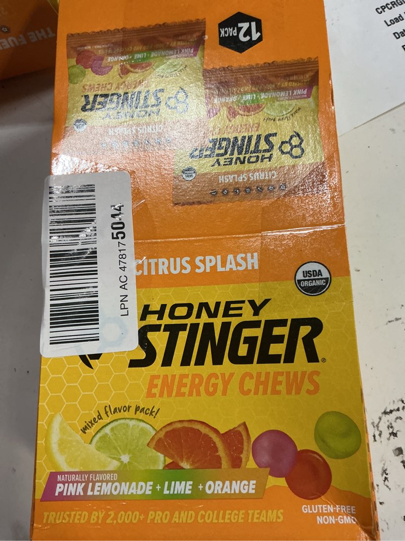 Condition photo showing New/Like New for honey stinger organic citrus splash energy chews, gluten free & caffeine free, for exercise, running and performance, sports nutrition for home & gym, pre and mid workout, 21.6 ounces (pack of 12) citrus splash 1.8 ounce (pack of 12) bb 09/oct 2027)