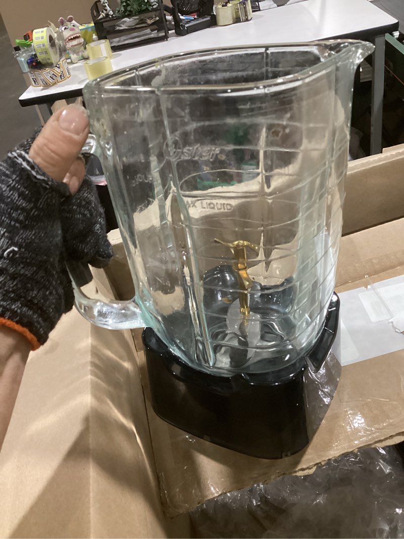 Condition photo showing As Is for oster extreme mix blender, 64oz glass jar, 3 iblend preset functions, 1600-watts, 10-point blade stack with titanium coating & 24oz blend-n-go cup 1600 watts glass jar w/ cup