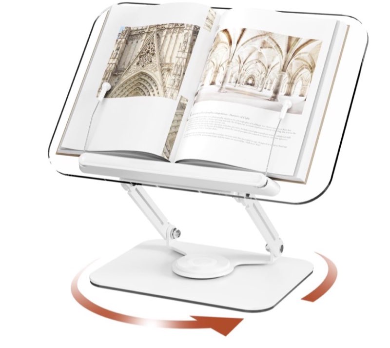 asieit acrylic book stand with storage, adjustable book holder with 360° rotating bases & elastic page holder
