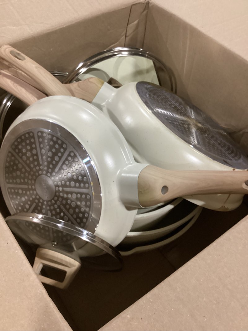 Condition photo showing As Is for carote 21pcs pots and pans set, nonstick cookware sets, white granite induction cookware non stick cooking set w/frying pans & saucepans(pfos, pfoa free)