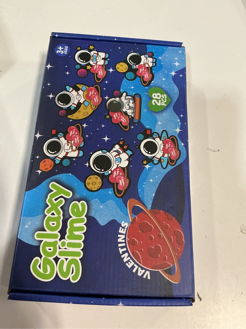 Condition photo showing New/Like New for 28 Pack Valentines Day Gifts for Kids, Galaxy Slime with Greeting Cards - Stress Relief Fidget Toys for Party Favors School Prizes Classroom Exchange Gifts Valentines Style1