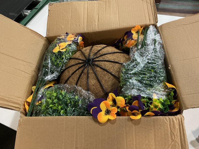 Condition photo showing New/Like New for lovemoon 2 set artificial outdoor pansies flowers with hanging baskets, 2 hanging planters with 24 pcs silk pansy flowers for spring easter decorations porch patio home decor (2, purple, yellow) purple, yellow 2