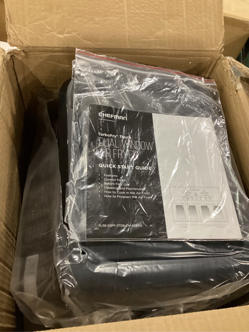 Condition photo showing New/Like New for CHEFMAN 6 Quart Dual Basket Air Fryer Oven with Easy View Windows, Sync Finish, Hi-Fry, Auto Shutoff, 2 Independent 3Qt Nonstick Dishwasher Safe Frying Baskets, Digital Double Air Fryer - Black