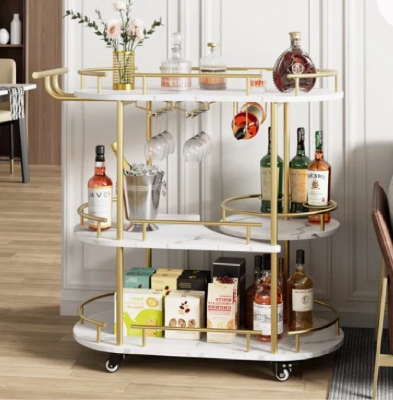gold bar carts with 3-tiers storage shelves,mobile bar seving carts on wheels with wine rack and glass holder for kitchen, dining room, living room