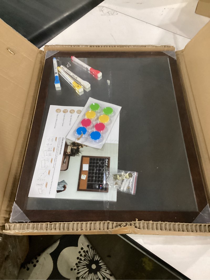 Condition photo showing Good Condition for 4 thought chalkboard calendar corkboard combo, 24" x 18" bulletin board magnetic calendar chalkboard for wall monthly planner combination board rustic brown frame 4 markers 8 magnets 10 pushpins 24" x 18" chalkboard combo