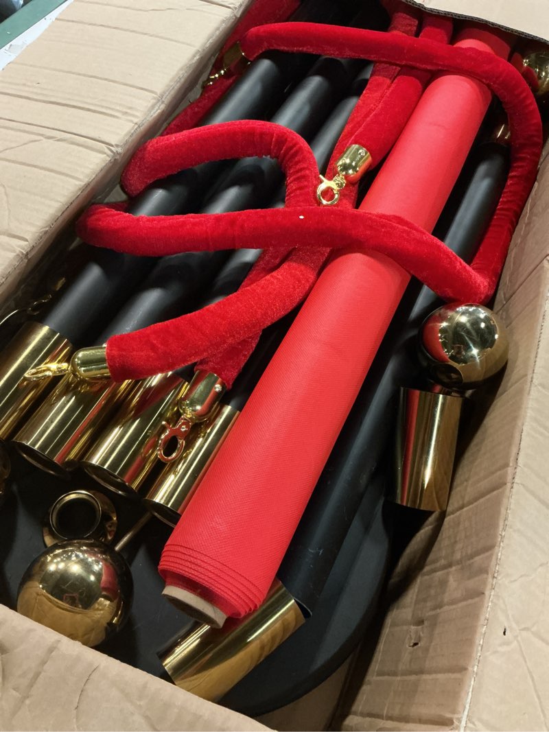 Condition photo showing Good Condition for pelopy 12 pcs stanchion posts queue crowd control stanchion velvet ropes carpet set, 38 in post sand injection hollow base with rope for party museum (26 ft carpet,black,gold) 26 ft carpet black, gold 12